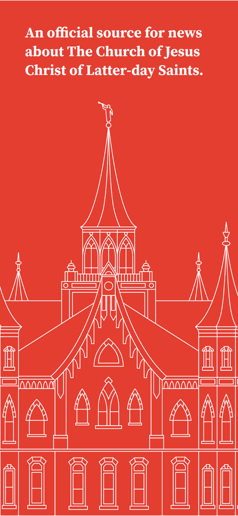 Church News - Pantalla de presentación de la aplicación oficial de Noticias de la Iglesia con una ilustración de un templo