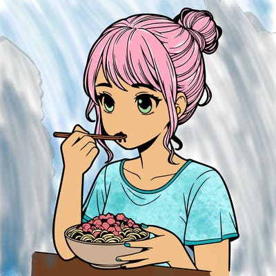 a realistic girl, eating food