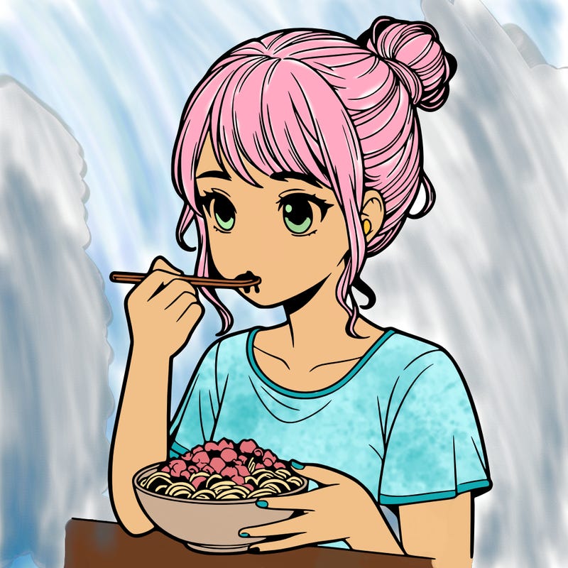 a realistic girl, eating food
