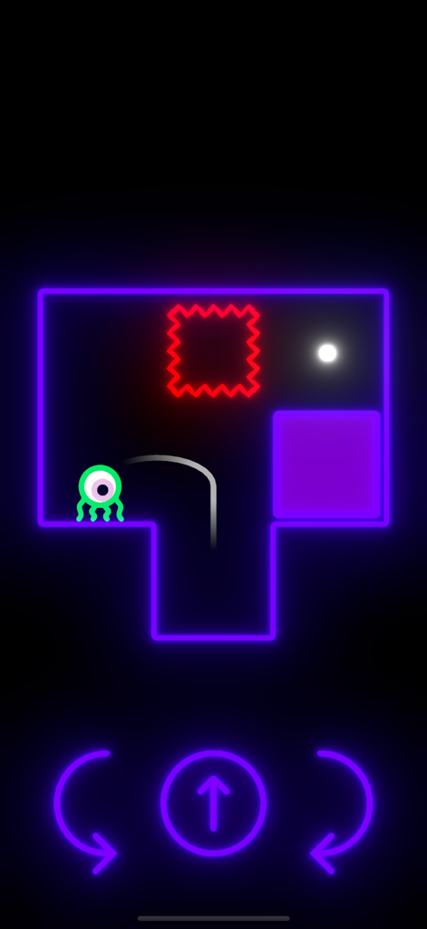 Orbie is Lost in Space - Gameplay screenshot of Orbie is Lost in Space showing a neon puzzle level with gravity control buttons
