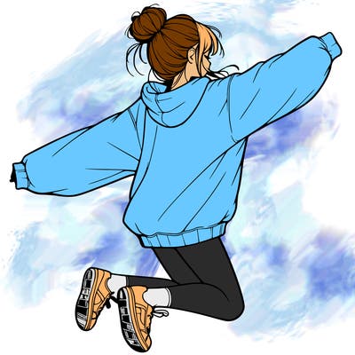 realistic girl jumping with a bun and oversized sweatshirt