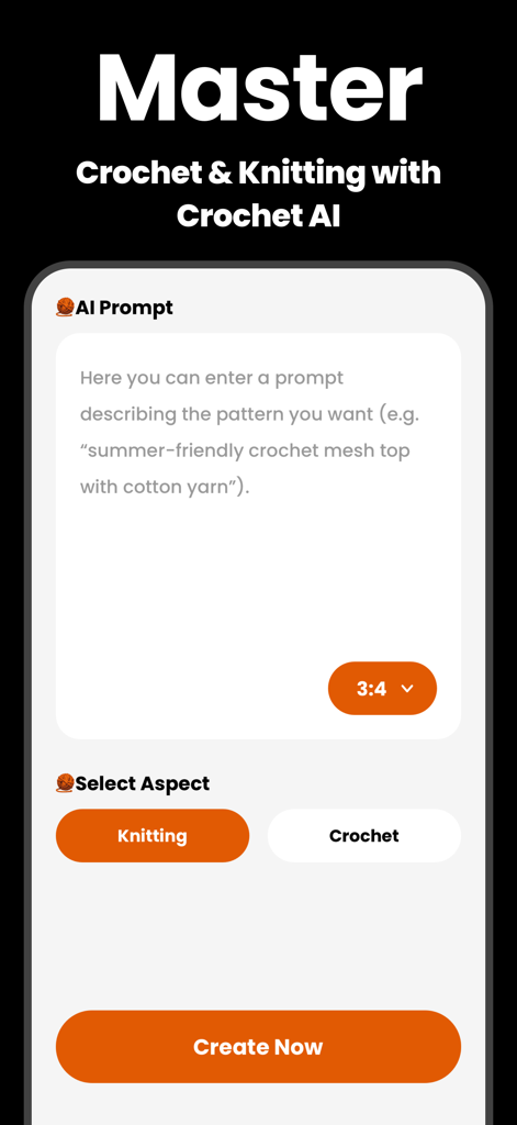 Crochet AI - for Beginner - Interfaccia dell'app Crochet AI che mostra la schermata di prompt AI dove gli utenti possono inserire descrizioni per generare modelli personalizzati di uncinetto e maglia.