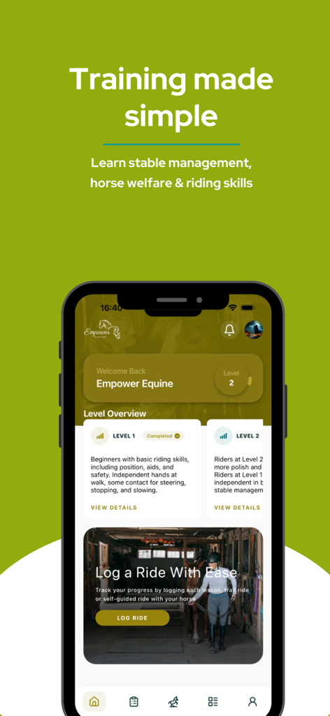 Empower Equine - Interfaz de la aplicación Empower Equine que muestra los niveles de entrenamiento del caballo y el registro de montas