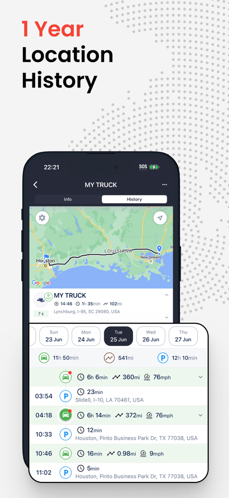 Pantalla detallada del historial de ubicaciones de la aplicación Rastreador GPS mostrando la ruta de un camión y registros de viajes en un mapa.