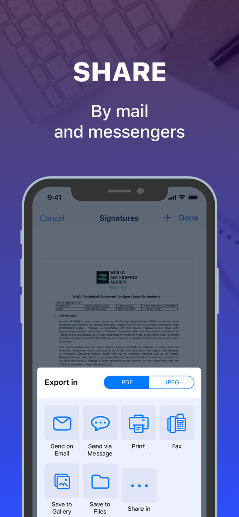 Interface of PDF Document Scanner App showing document sharing options like email message and fax