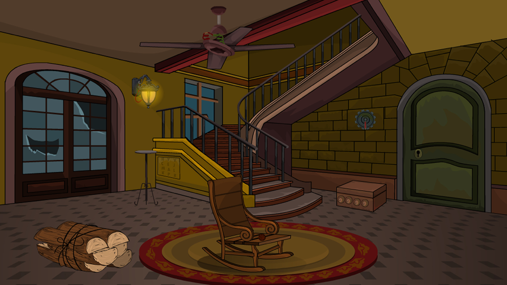 Una escena interior del juego 'Escape de la Chica de la Casa Abandonada' con una mecedora junto a la escalera y varios elementos de acertijo.