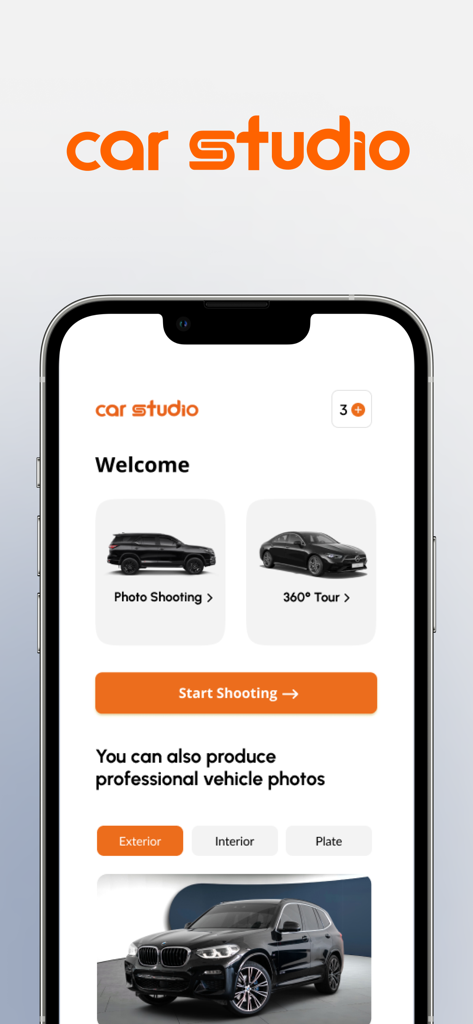 Car Studio AI mobile app interface showing car photography and 360 degree tour options