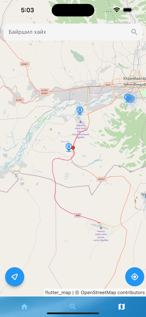 Weather Man app - Map interface of the Weather Man app with location markers in Mongolia