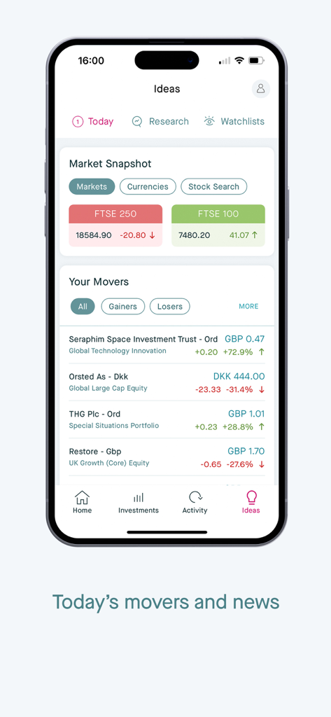 Una captura de pantalla de la aplicación de gestión patrimonial Killik and Co que muestra instantáneas del mercado de valores y los movimientos diarios de la cartera.