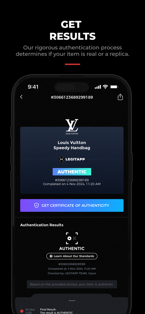 LegitApp Authentication - Mobile app interface showing an authentic result for a Louis Vuitton handbag