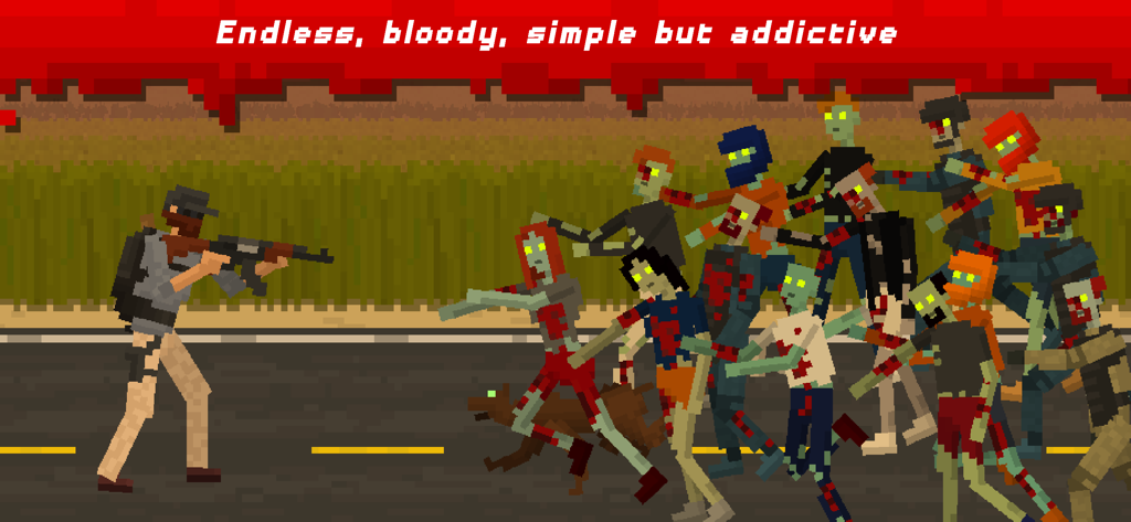 They Are Coming Zombie Defense - Sopravvissuto in pixel art che spara a un'orda di zombi in avvicinamento in un semplice gioco di difesa arcade