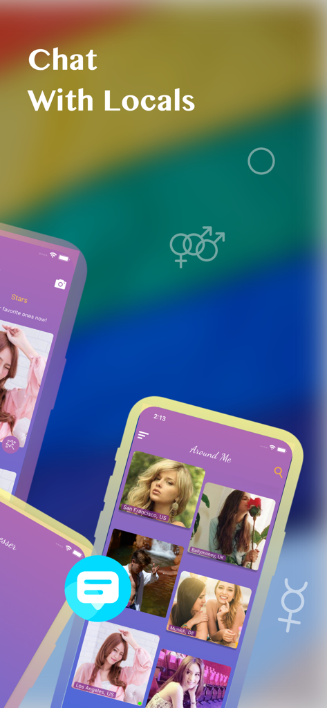 Trans, Transgender Dating - TS - トランス出会い系アプリのモバイルインターフェース。地元ユーザーのプロフィールと、虹色の背景に「地元の人とチャット」というテキストが表示されています。