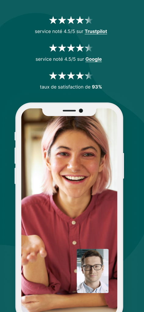 MedecinDirect | Consultez 24/7 - Écran de smartphone affichant un appel vidéo MedecinDirect et des notes élevées de satisfaction des utilisateurs sur Trustpilot et Google.