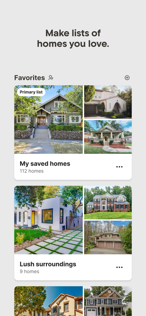 Redfin: Buy, Sell & Rent Homes - Redfin App-Bildschirm, der benutzerdefinierte Listen von gespeicherten Immobilienangeboten mit Hausfotos anzeigt