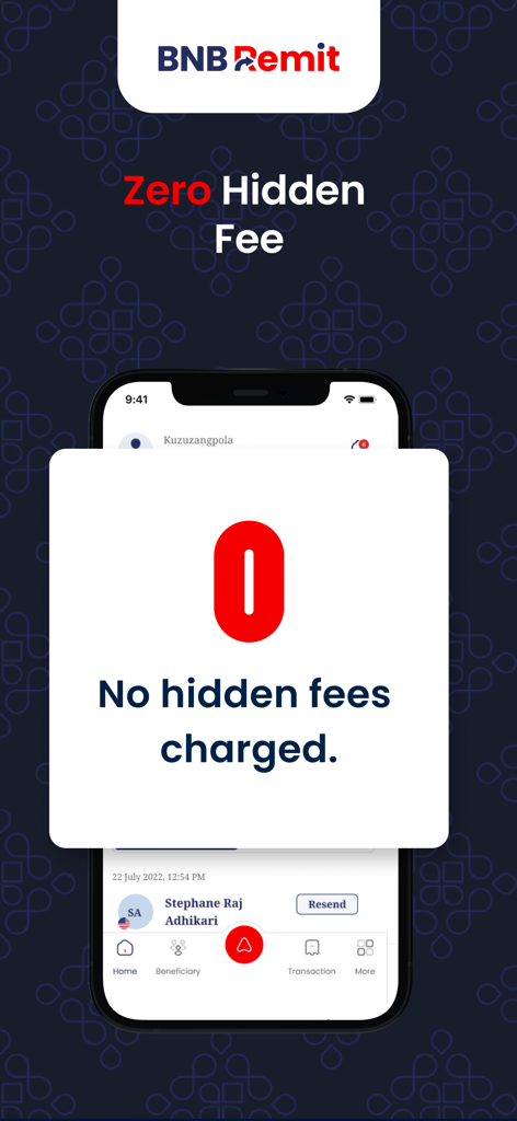 BNB Remit - BNB Remit app screenshot highlighting zero hidden fees for money transfers