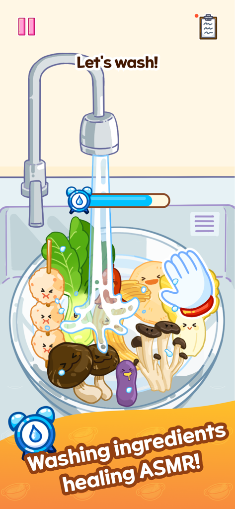 Cartoon ingredients being washed in a sink in the Malatang Master mobile game