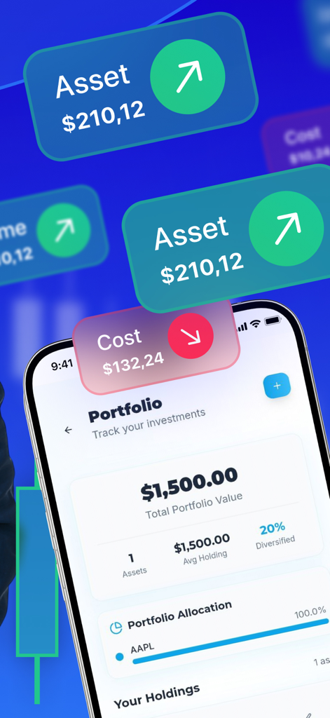 Pocket Option AI Interpreter mobile app displaying a portfolio summary with total value and asset allocation