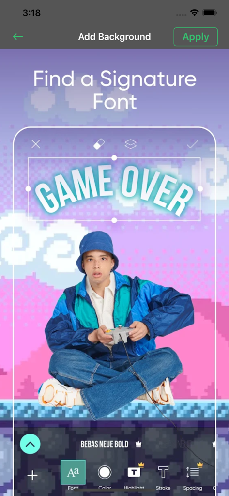 Word Swag-Text with Cool Fonts - Word Swag app interface showing font selection with a stylized Game Over text overlay on a photo