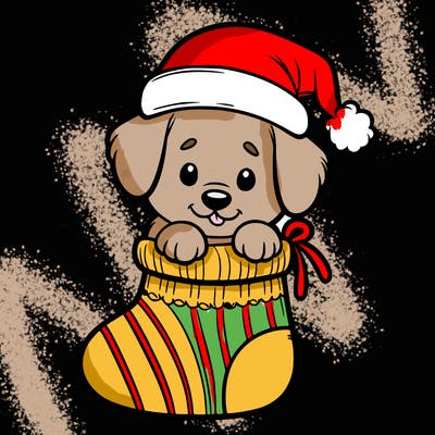 cute puppy wearing santa hat in socking