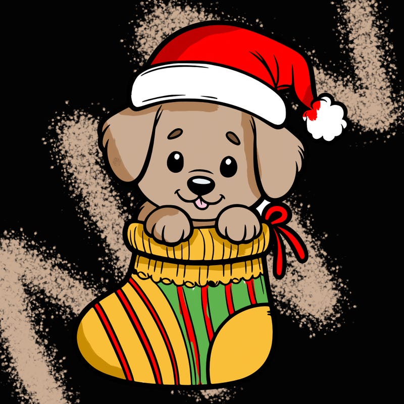 cute puppy wearing santa hat in socking