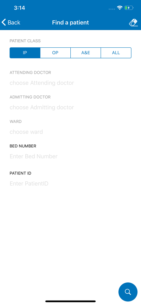 Aig Doctor - Search interface in the AIG Doctor mobile app to find patients by attending doctor, ward, or patient ID.
