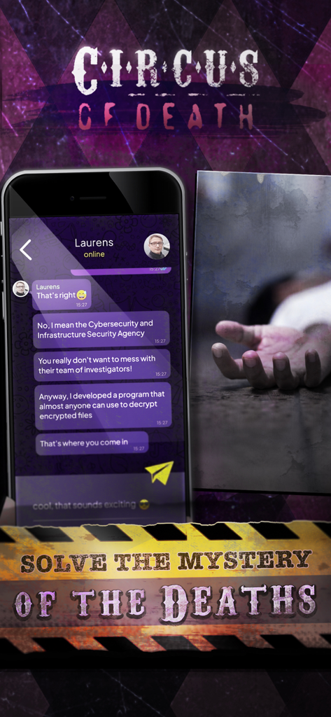 Circus of death - Interface de chat interativa no jogo de mistério de terror Circo da Morte mostrando mensagens de um personagem e uma imagem de cena de crime.