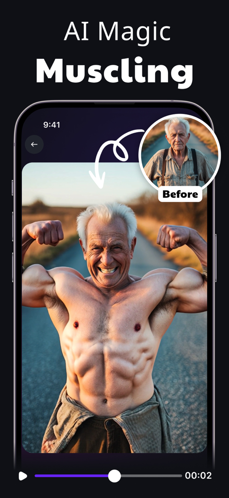 AI Video Generator: VIDIOAI - An AI-powered video transformation in VidioAI showing an elderly man being changed into a muscular bodybuilder.