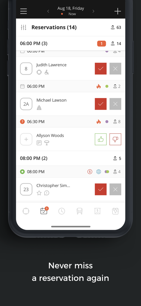 Eine Liste von Restaurantreservierungen in der Hostme-App mit Gästenamen und Uhrzeiten