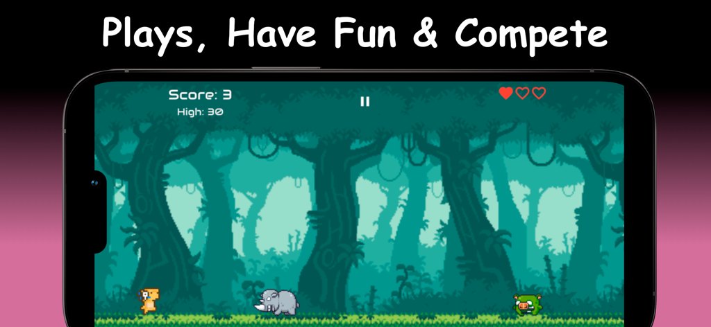 Gameplay screen of a pixel art jungle platformer in the Rewarded Play app