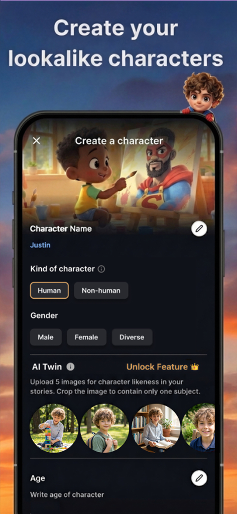 Fable: The AI Story Generator - Interface of Fable app showing how to create a personalized lookalike AI character for stories