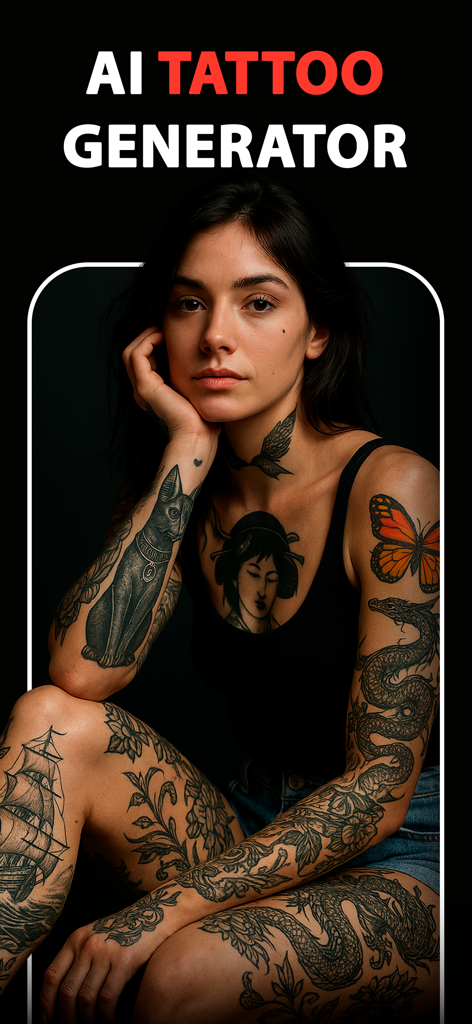 Junge Frau mit verschiedenen KI-generierten Tattoos auf Armen und Beinen