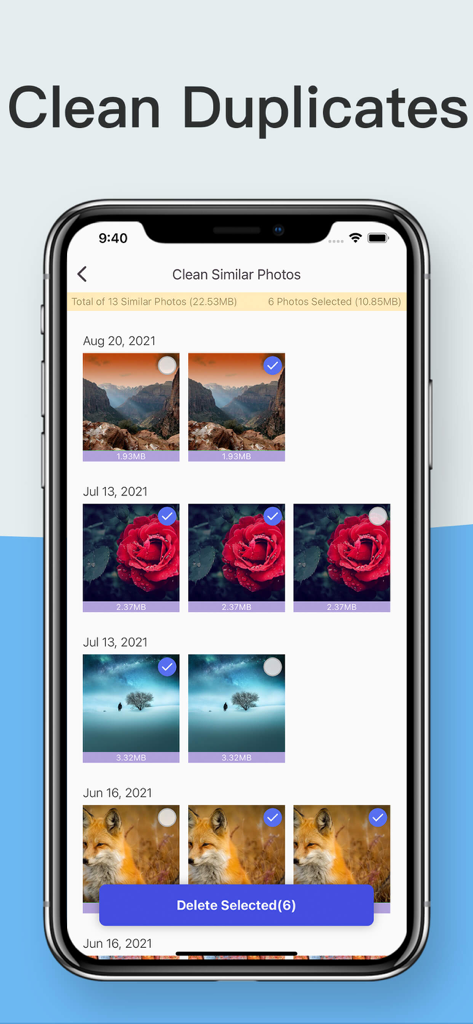 Photo Compress & Resize Images - Tela de smartphone mostrando fotos semelhantes selecionadas para exclusão no aplicativo Photo Compress