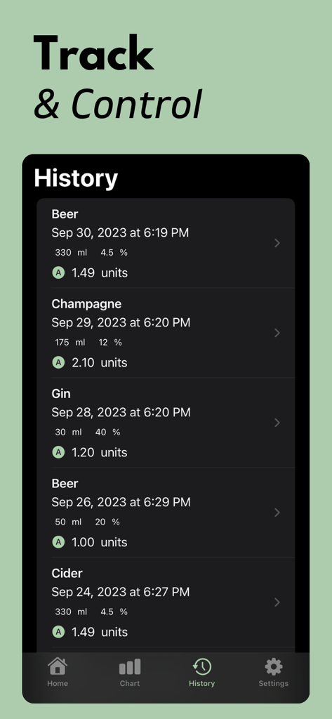 Eine mobile Oberfläche, die eine chronologische Historie des Alkoholkonsums mit verfolgten Einheiten und Volumen anzeigt.