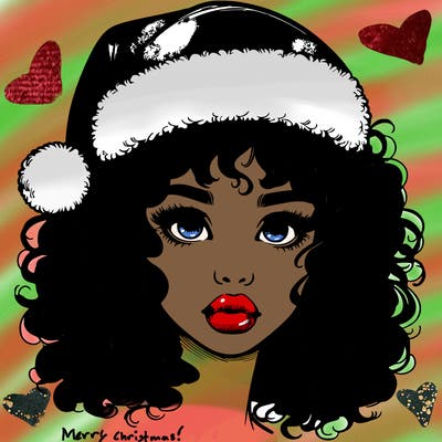 realistic girl with a santa hat curly hair and lips