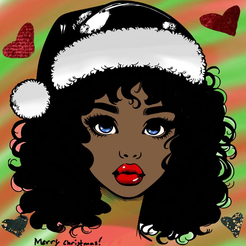 realistic girl with a santa hat curly hair and lips