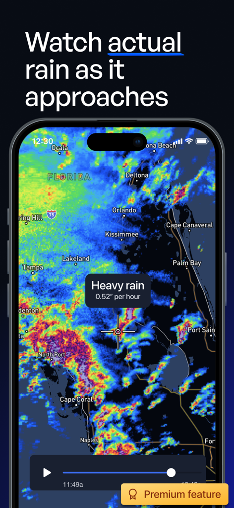 Precip - Rain, Snow & Weather - Mapa de radar de lluvia en vivo de la aplicación Precip que muestra la intensidad de la precipitación fuerte sobre Florida.