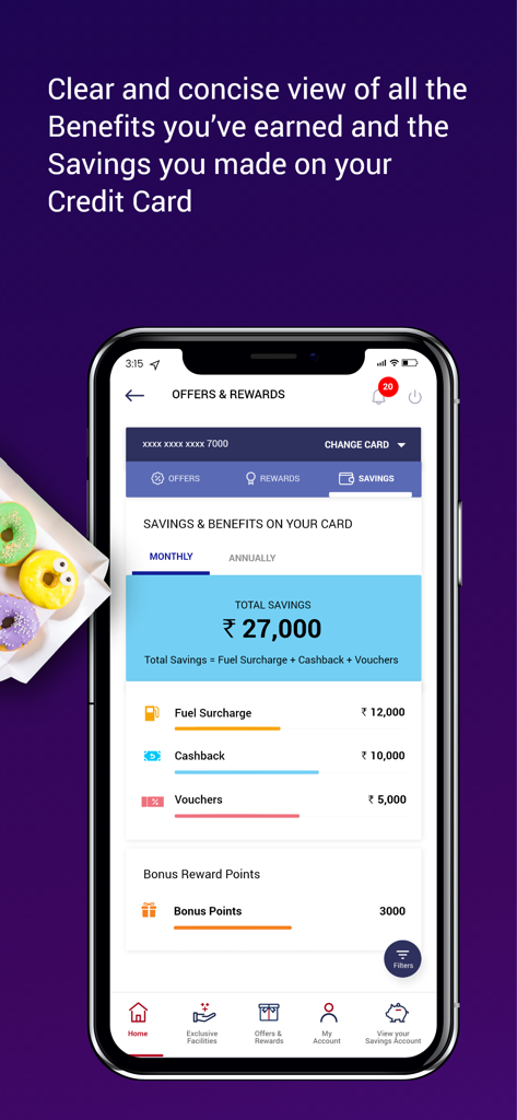RBL MyCard - Screenshot of RBL MyCard mobile app showing a summary of credit card savings, cashback, and reward points.