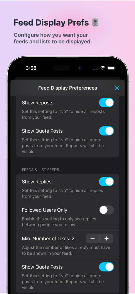 Skeets for Bluesky app interface showing feed display preferences with toggles for reposts quote posts and replies