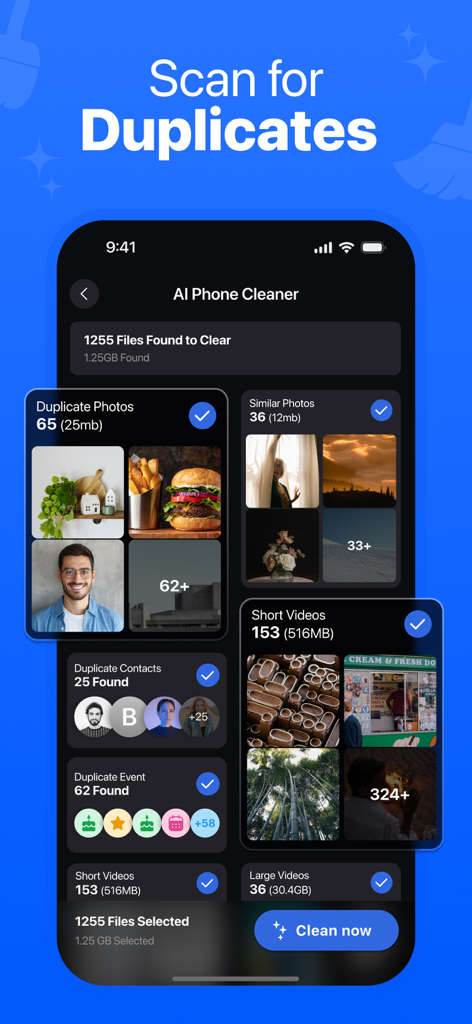 Panel de control de AI Phone Cleaner mostrando fotos, videos y contactos duplicados detectados para liberar espacio de almacenamiento.