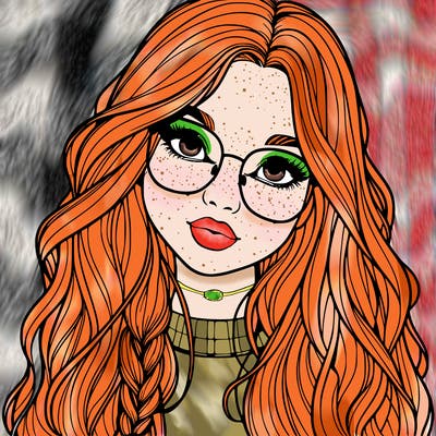 girl with long hair and freckles and glasses realistic