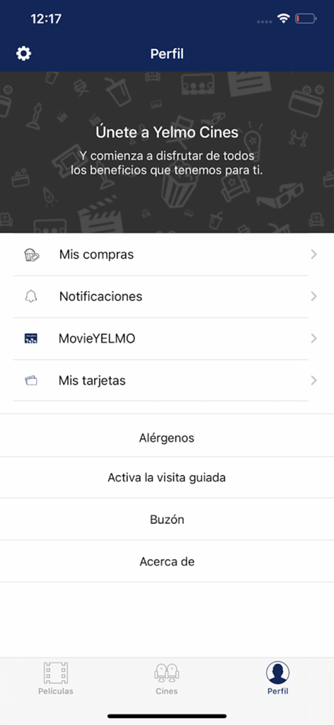 Ecrã do perfil de utilizador da app Cine Yelmo mostrando opções de compras, notificações e o programa de fidelidade MovieYELMO