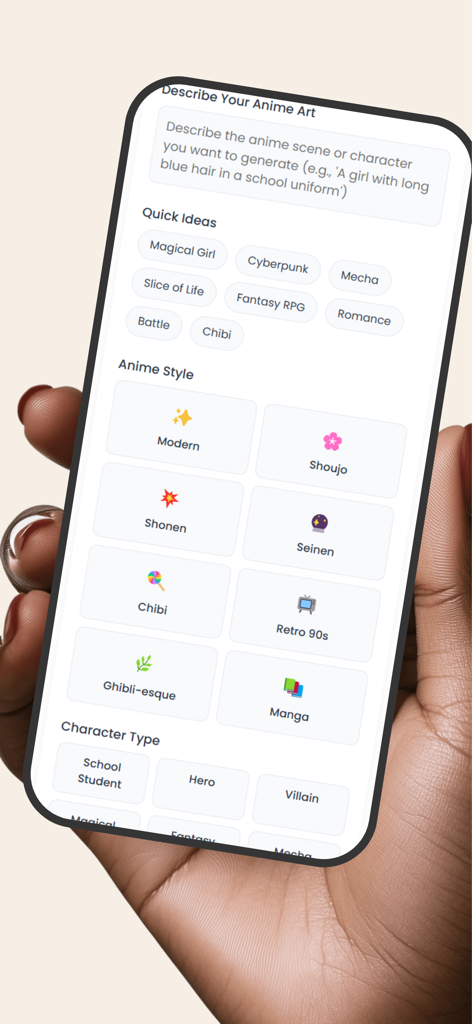 Uma mão segurando um smartphone exibindo a interface do aplicativo Hedra AI para criar arte de anime com opções de estilos como Shonen, Shoujo e Chibi.