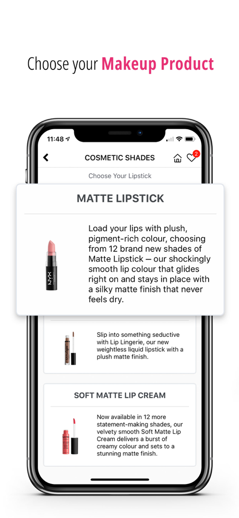 A smartphone screen displaying the Cosmetic Shades app interface with a selection of matte lipsticks and lip creams.