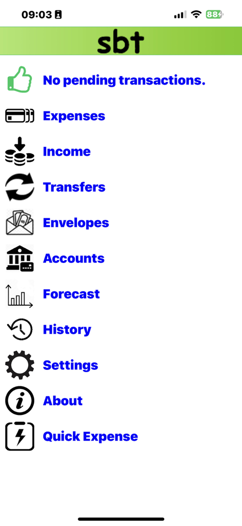 SRFG Simple Budget Tracker - Main menu interface of the SRFG Simple Budget Tracker app showing budget management features