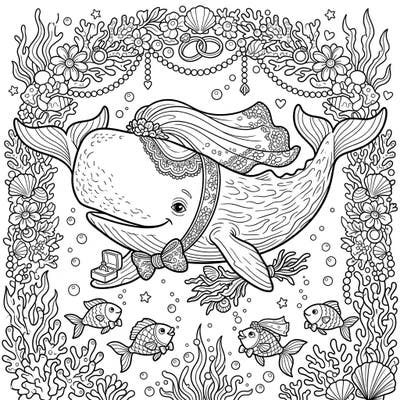 Celebrate love with this enchanting coloring page featuring a majestic sperm whale's wedding in a whimsical underwater world. Adorned with a veil and bow tie, this gentle giant invites you to bring its special day to life with your favorite colors.