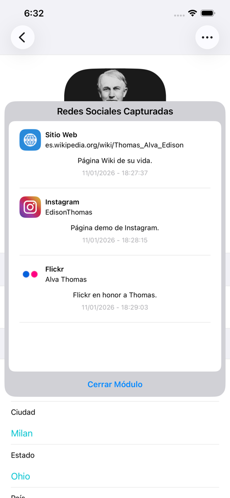 ContactLog - Interface of ContactLog app displaying captured social media links and location details for a contact profile