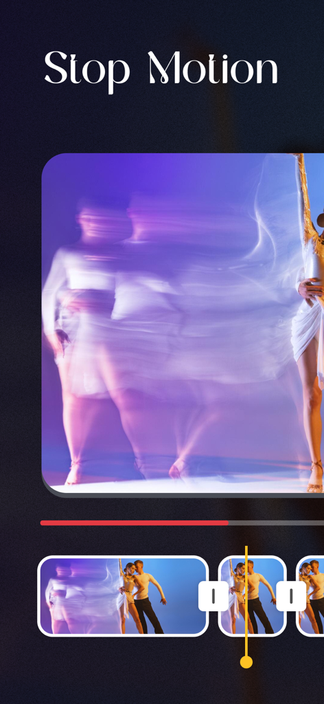 Stop Motion Video Maker Studio - Mobile App-Oberfläche, die Videoframes zeigt, die in eine Stop-Motion-Animation umgewandelt wurden.