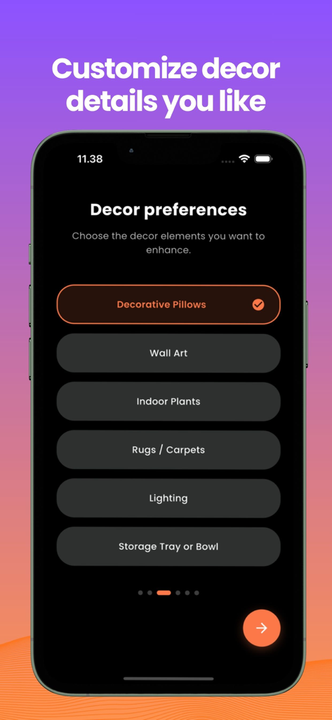 Bedroom Design AI Planner - Smartphone screen showing the decor preferences menu in the Bedroom Design AI Planner app with options like pillows and wall art