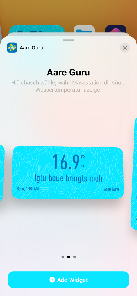 Oberfläche der Aare Guru App, die eine Vorschau eines Home-Bildschirm-Widgets mit der aktuellen Aare-Wassertemperatur in Bern zeigt