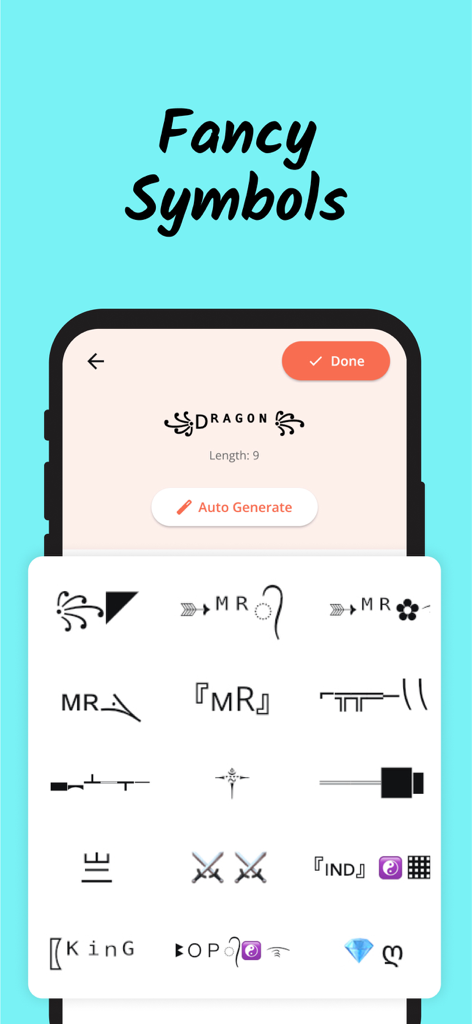 Nickname Fire app interface showing a gallery of fancy symbols and decorated text styles for custom usernames